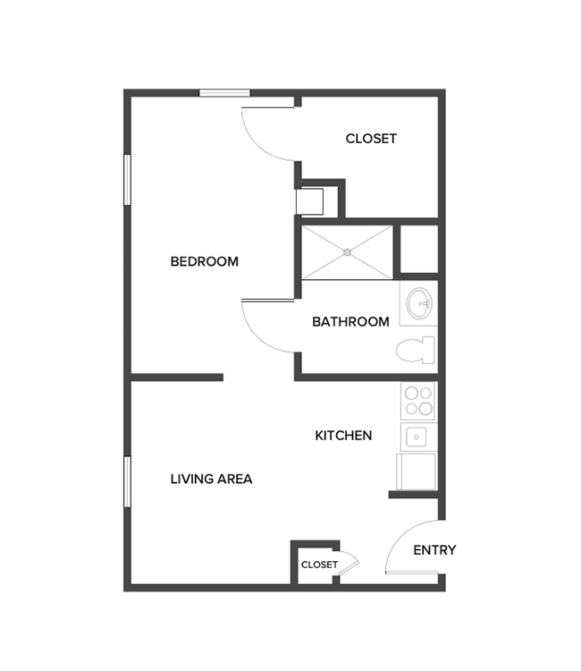 A memory care suite floor plan with one bedroom and a bathroom.