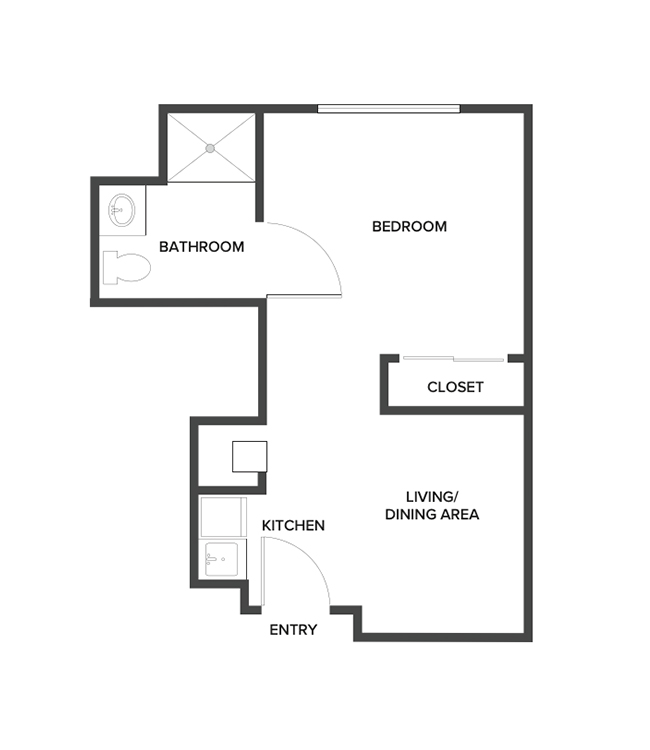 A memory care suite floor plan with one bedroom and a bathroom.