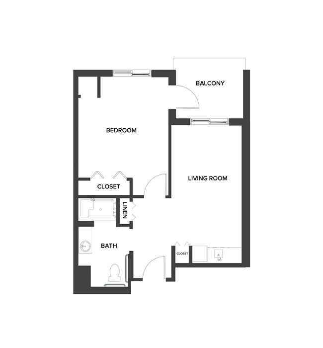 An assisted living suite floor plan with one bedroom.
