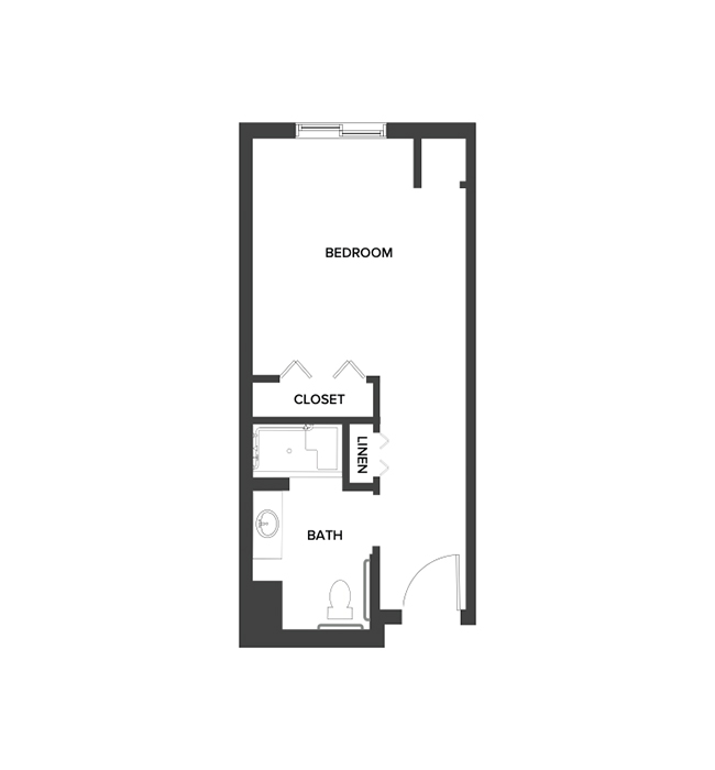 A memory care studio suite floor plan with an open living/bedroom space.