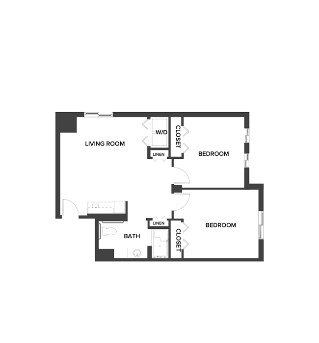 A memory care shared suite floor plan with two bedrooms and one bathroom.