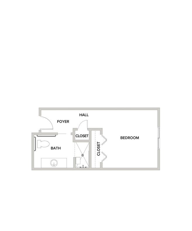 A memory care studio suite floor plan with an open living/bedroom space.