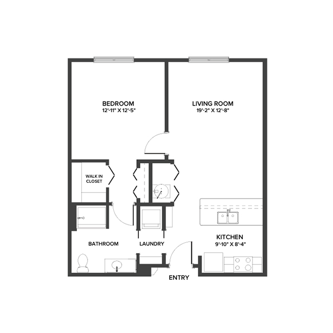 An Independent living suite floor plan with one bedroom.