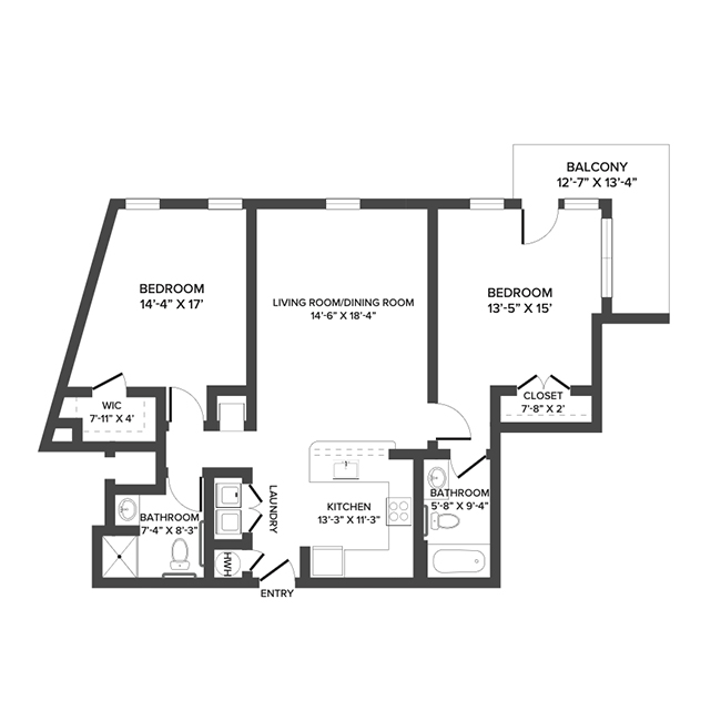 A floor plan with two bedrooms and two bathrooms.