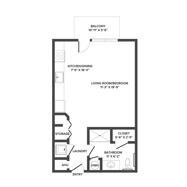 A floor plan with an open living/bedroom space and kitchenette.