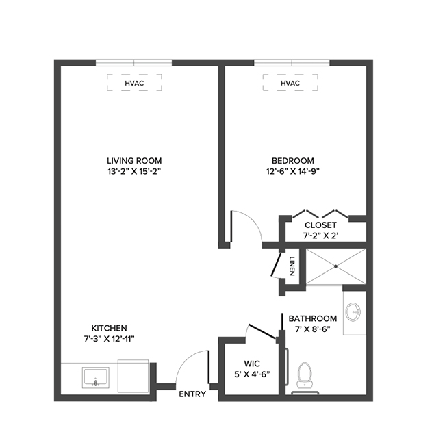 An assisted living suite floor plan with one bedroom and a bathroom.