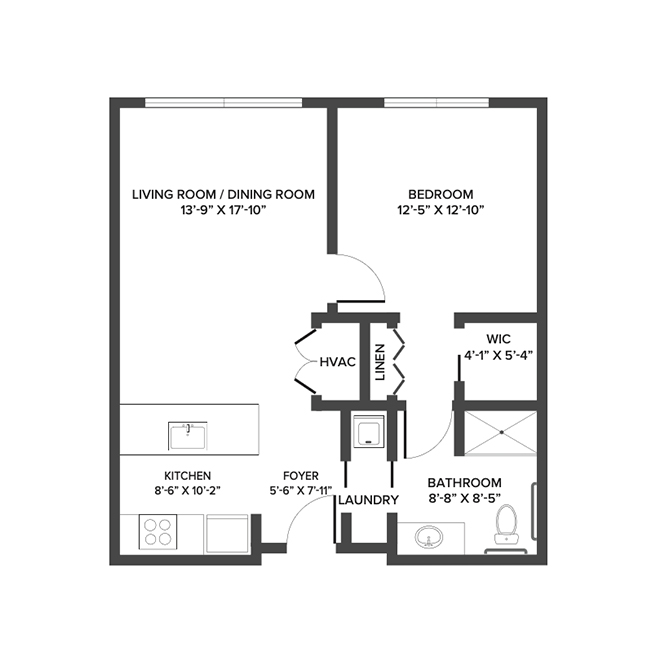 An independent living suite floor plan with one bedroom and a bathroom.