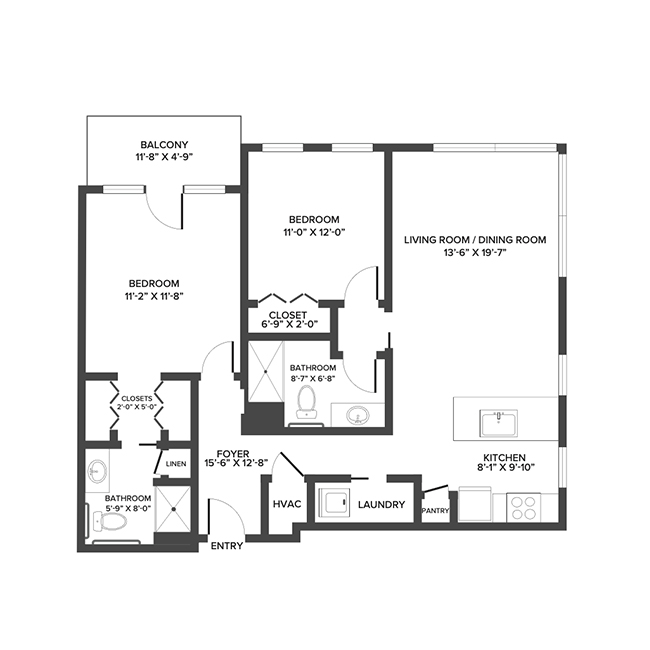 A floor plan with two bedrooms and two bathrooms.