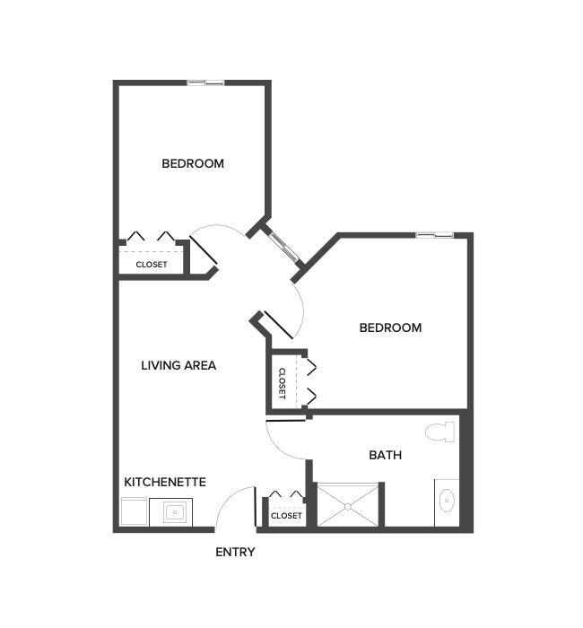 An assisted living suite floor plan with two bedrooms and a bathroom.