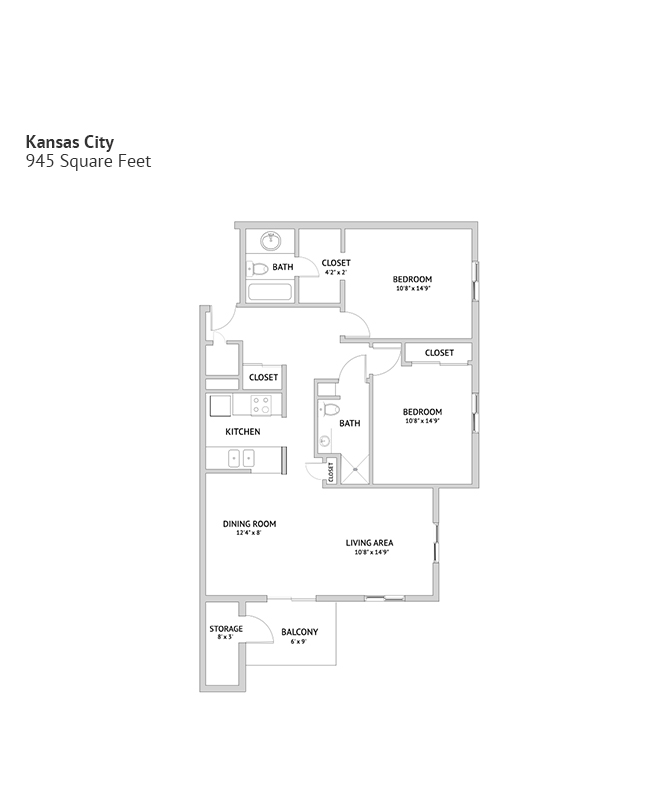 An independent living suite floor plan with two bedrooms and two bathrooms.