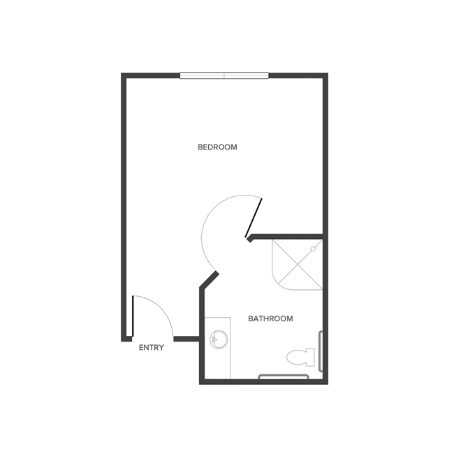A memory care studio suite floor plan with an open bedroom space.