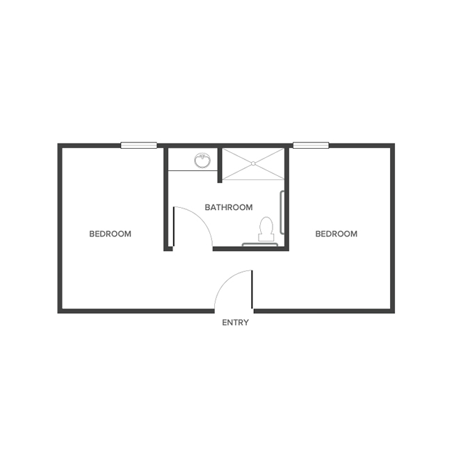 A memory care shared suite floor plan with two bedrooms and a bathroom.