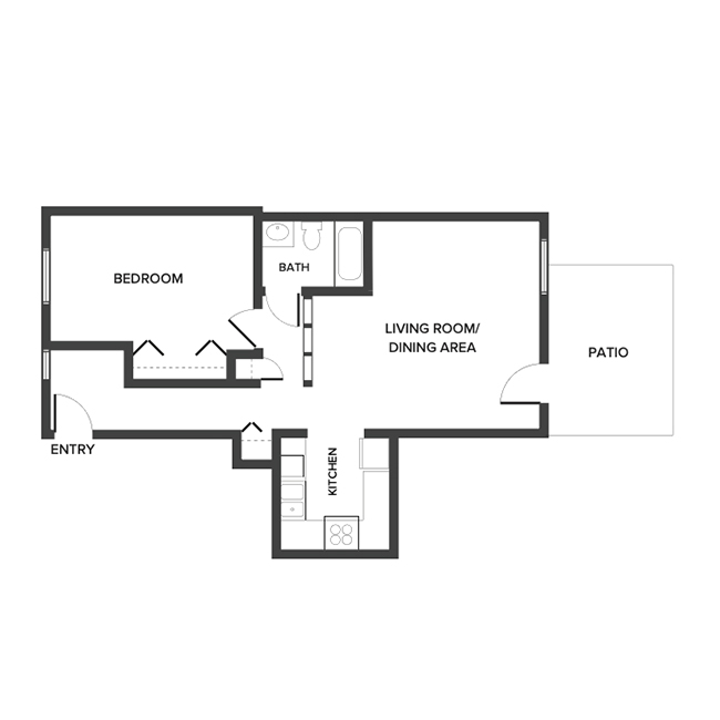 A floor plan with one bedroom and a bathroom.