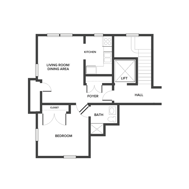 A floor plan with one bedroom and a bathroom.