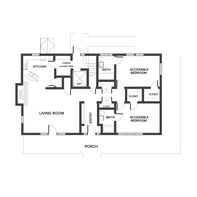 A floor plan with two accessible bedrooms and two bathrooms.