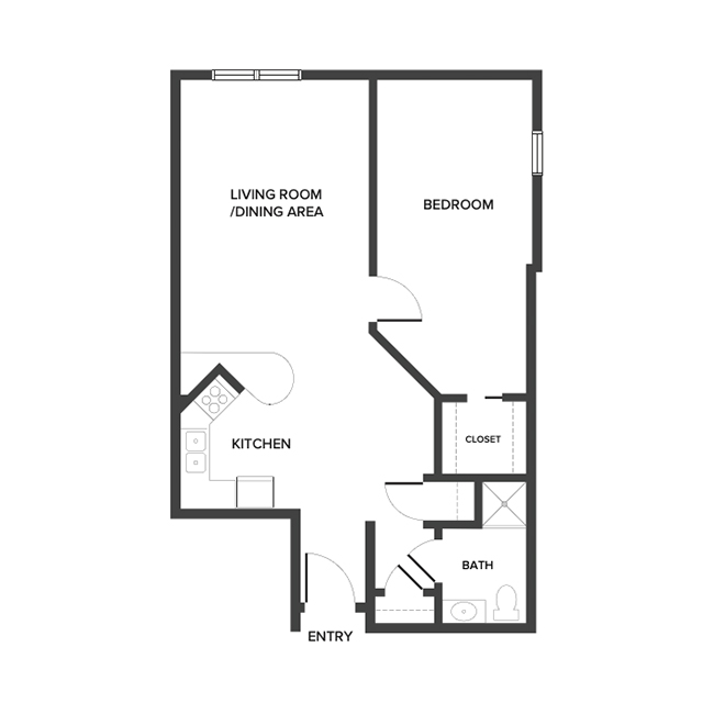 An independent living floor plan with one bedroom.