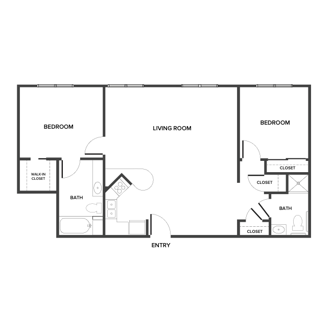 An independent living suite floor plan with two bedrooms and two bathrooms.