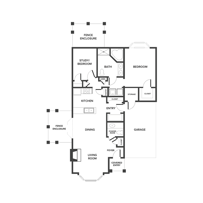 A villa floor plan with two bedrooms, a garage and two enclosed outdoor spaces.