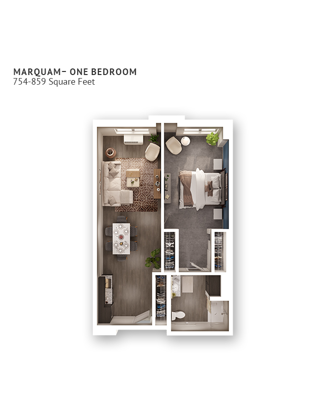 A floor plan with one bedroom and approximately 754-859 square feet.