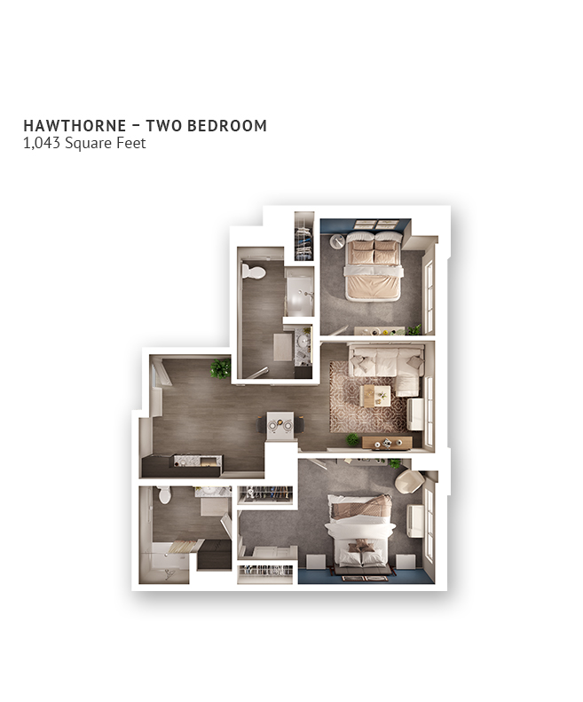 An assisted living suite floor plan with two bedrooms, two bathrooms, and approximately 1,043 square feet.