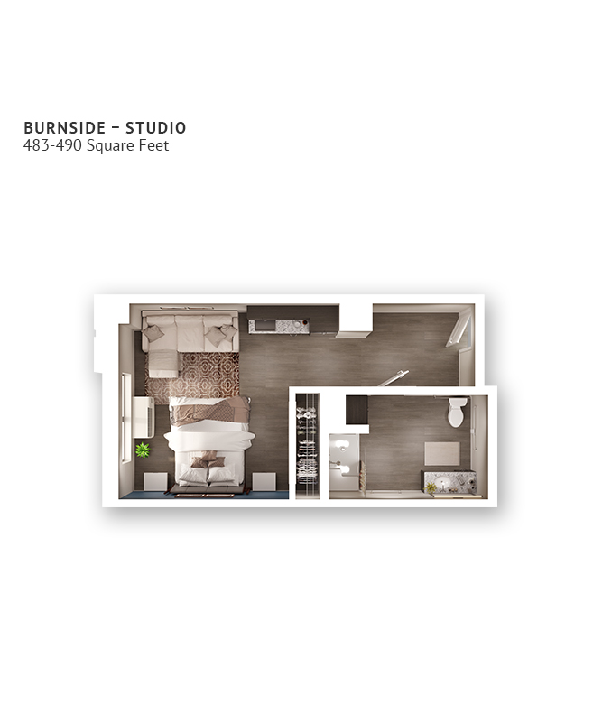 An assisted living studio suite floor plan with an open living/bedroom space and kitchenette.