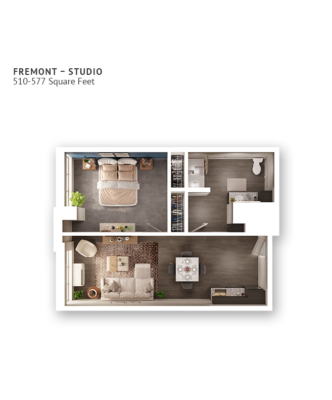 An assisted living studio suite floor plan with one bedroom and a bathroom.