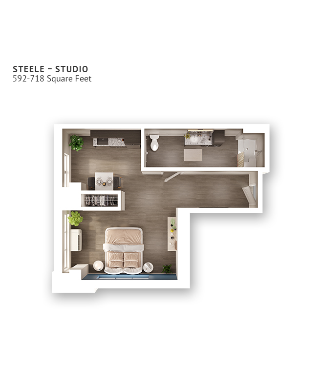 An assisted living studio suite floor plan with an open living/bedroom space, kitchenette, and approximately 592-718 square feet.