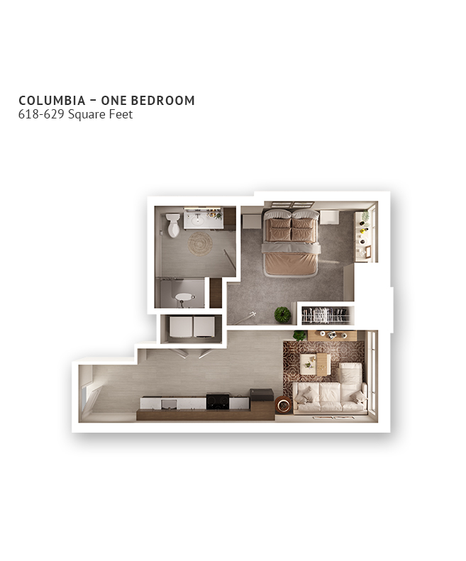 An independent living suite floor plan with one bedroom and approximately 618-629 square feet.