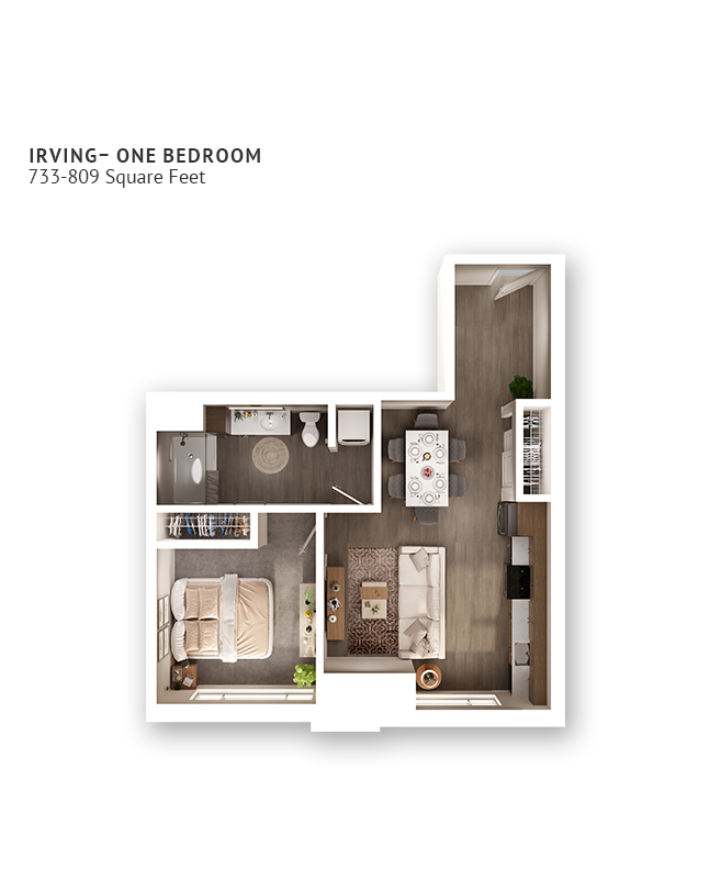 An independent living suite floor plan with one bedroom and a bathroom.