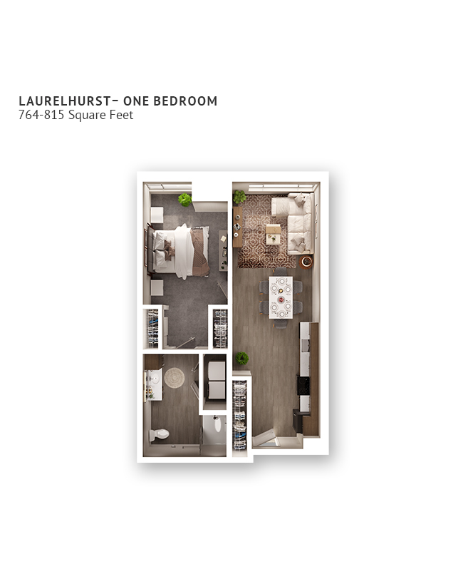 An independent living suite floor plan with one bedroom and approximately 764-815  square feet.