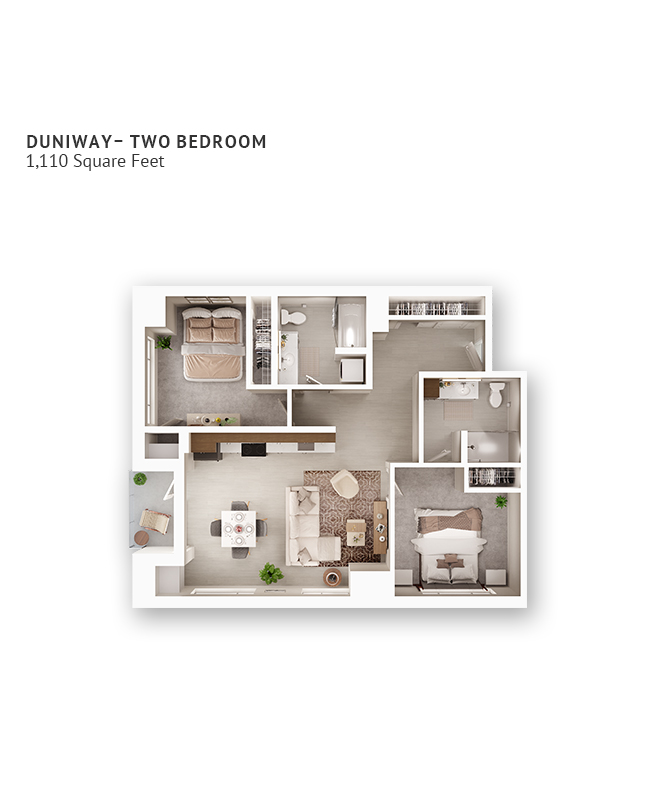 An independent living suite floor plan with two bedrooms, two bathrooms, and approximately 1,110 square feet.