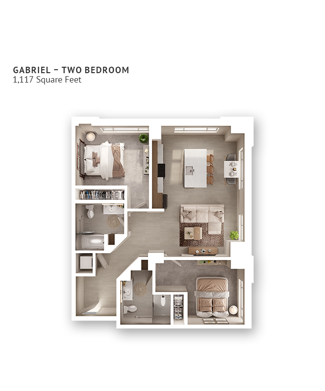An independent living suite floor plan with two bedrooms, two bathrooms, and approximately 1,117 square feet.