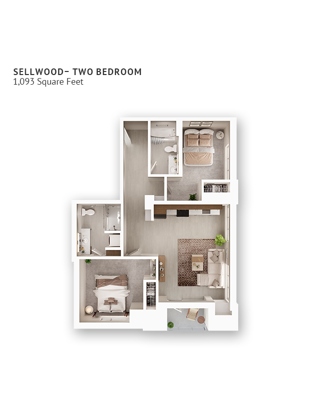 An independent living suite floor plan with two bedrooms and two bathrooms.