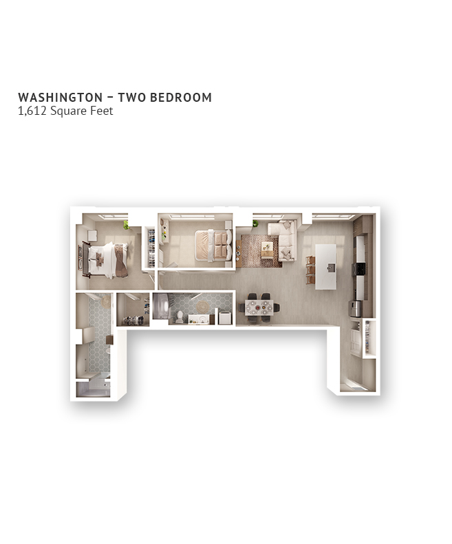 An independent living suite floor plan with two bedrooms, two bathrooms, and approximately 1,1612 square feet.