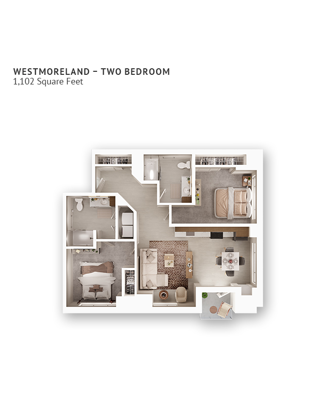 An independent living suite floor plan with two bedrooms and approximately 1,102 square feet.