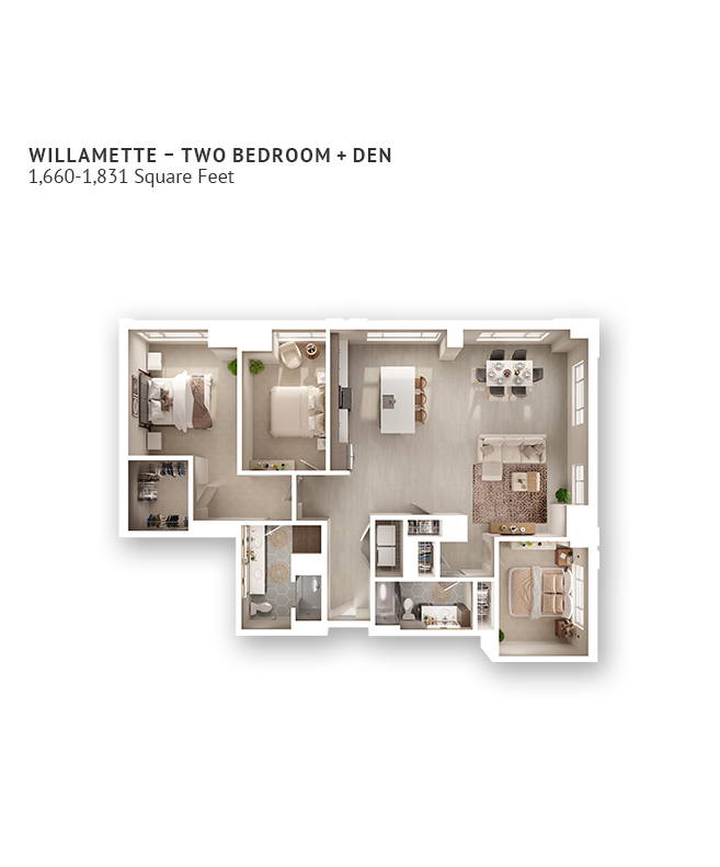 An independent living suite floor plan with two bedrooms and a den.