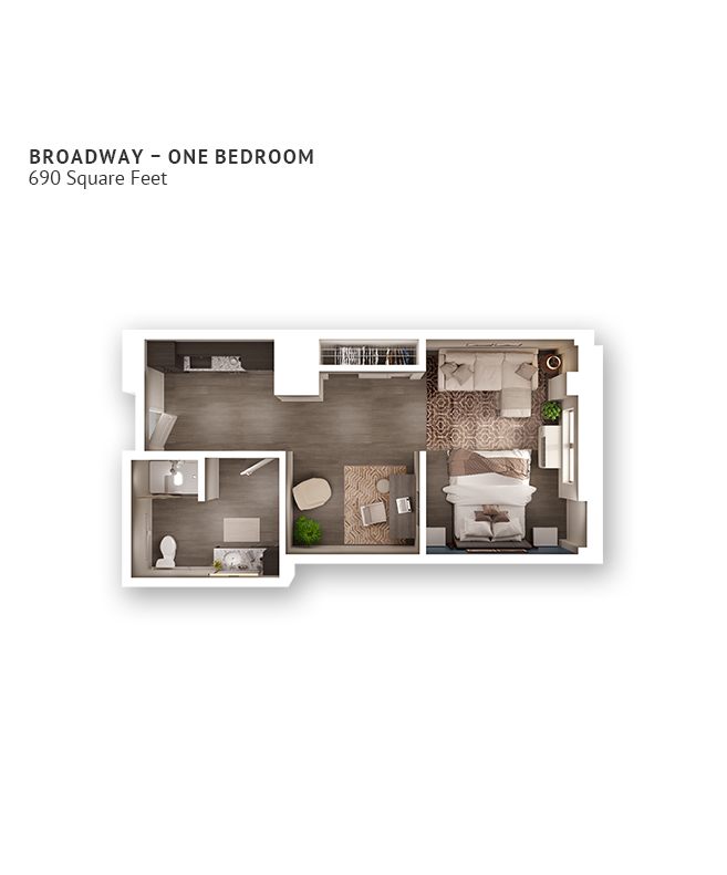 An assisted living suite floor plan with one bedroom and approximately 690 square feet.