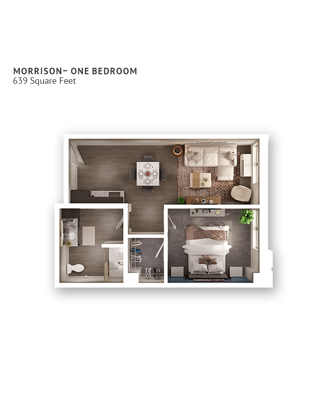 An assisted living suite floor plan with one bedroom, a bathroom, and approximately 639 square feet.