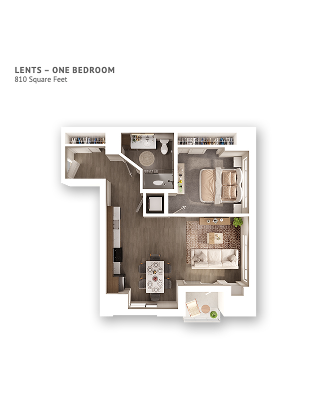 An independent living suite floor plan with one bedroom and approximately 810 square feet.