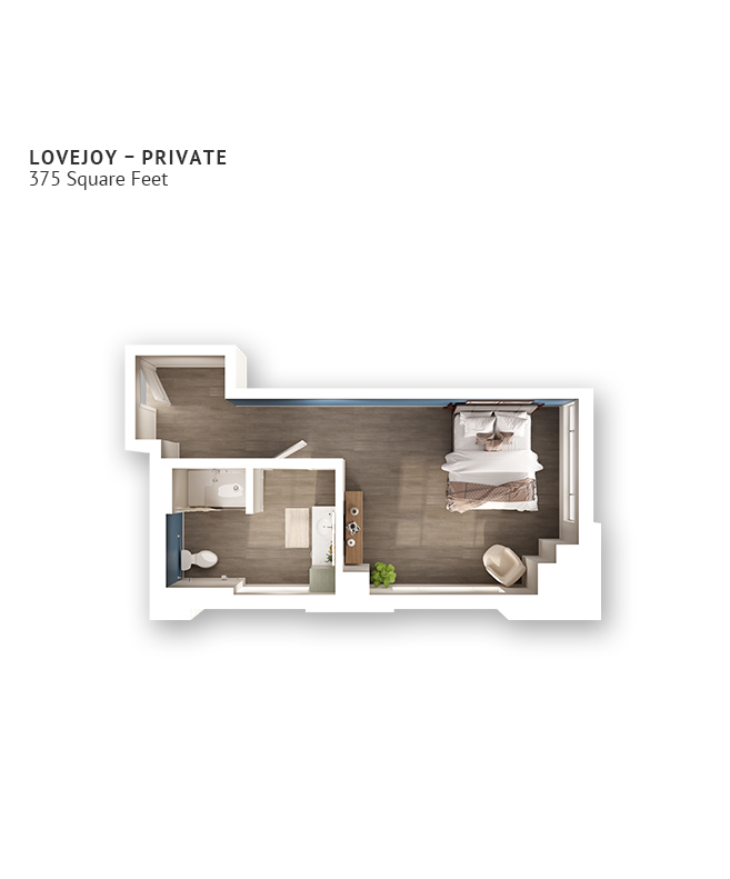 A memory care studio suite floor plan with an open living/bedroom space and approximately 375 square feet.