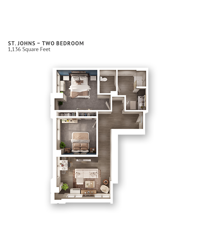An assisted living suite floor plan with two bedrooms and approximately 1,136 square feet.