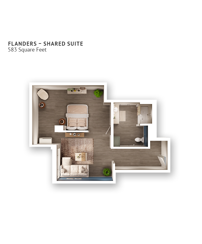 A memory care shared suite floor plan with an open living/bedroom space and approximately 583 square feet.