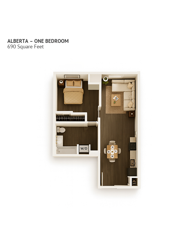 An independent living floor plan with one bedroom and approximately 690 square feet.