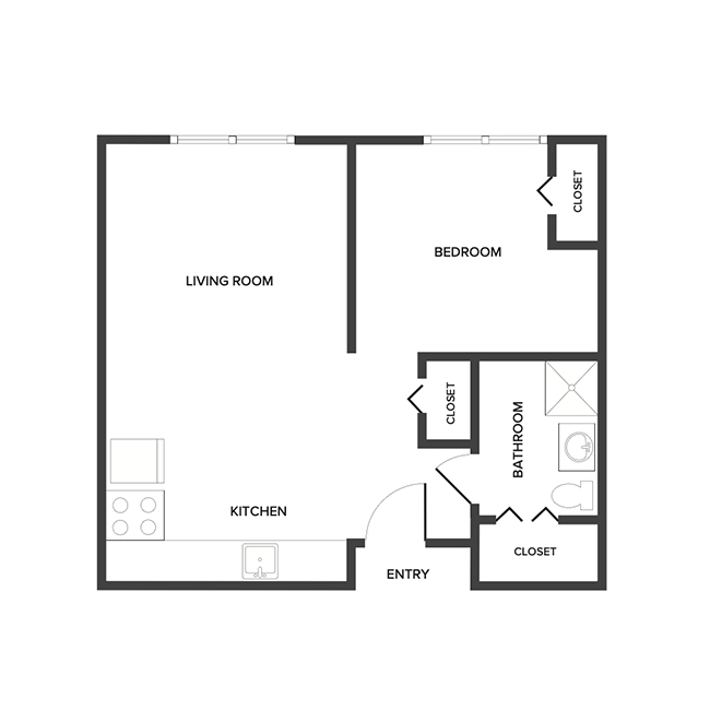 A floor plan with one bedroom and a bathroom.
