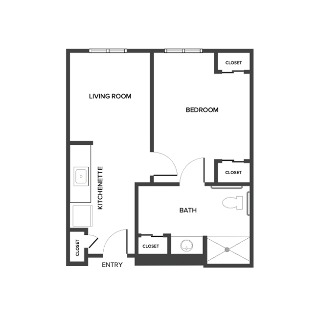 An assisted living suite floor plan with one bedroom and a bathroom.