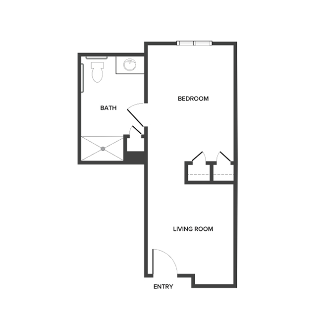 A memory care suite floor plan with one bedroom and a bathroom.