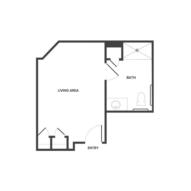 A memory care shared studio suite floor plan with two bedrooms and one bathroom.