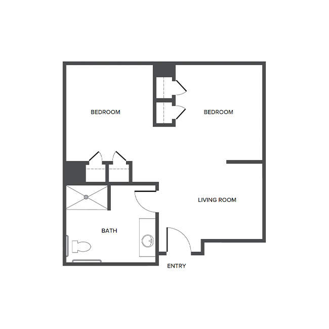 A memory care 2-bedroom suite floor plan with two bedrooms and one bathroom.