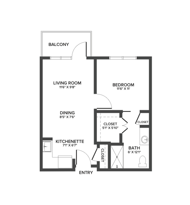 An assisted living suite floor plan with one bedroom and a bathroom.