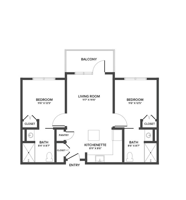 An assisted living suite floor plan with two bedrooms and two bathrooms.